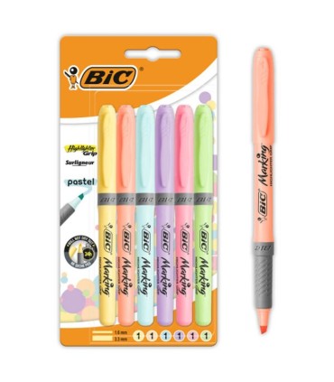 Zakreślacze BIC Highlighter Grip ścięta końcówka pastelowe kolory, blister 6 szt.