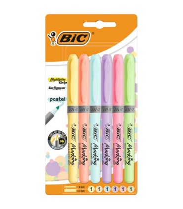 Zakreślacze BIC Highlighter Grip ścięta końcówka pastelowe kolory, blister 6 szt.