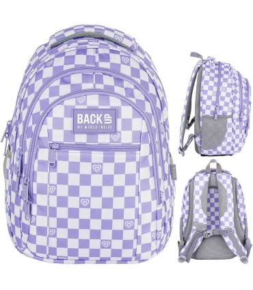 Plecak szkolny 26 L trzykomorowy Derform BACKUP model O SZACHOWNICA FIOLET