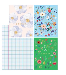 3x ZESZYT A4, 60 KARTEK, KRATKA Z MARGINESEM, KWIATY + ZŁOTE DODATKI, INTERDRUK