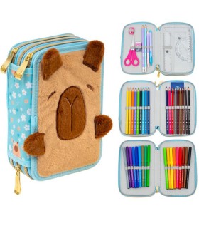 Trzykomorowy piórnik z wyposażeniem ASTRABAG JUMBO FLUFFY CAPY z pluszem i uszami