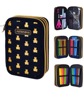 Trzykomorowy piórnik z wyposażeniem ASTRABAG JUMBO GOLDEN TEDDY